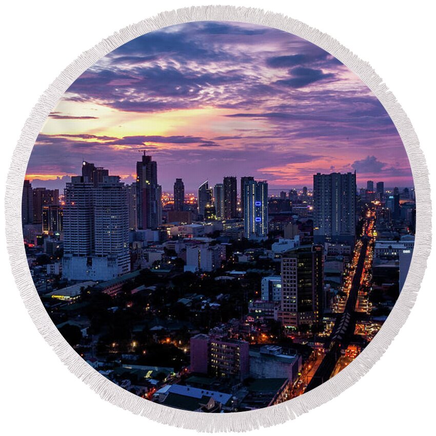 Philippines Round Beach Towel featuring the photograph Manla Cityscape by Arj Munoz