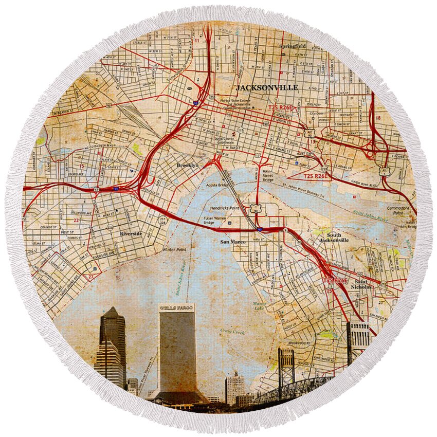 Map Round Beach Towel featuring the digital art Map of Downtown Jacksonville, Florida, and skyline blended on old paper by Nicko Prints