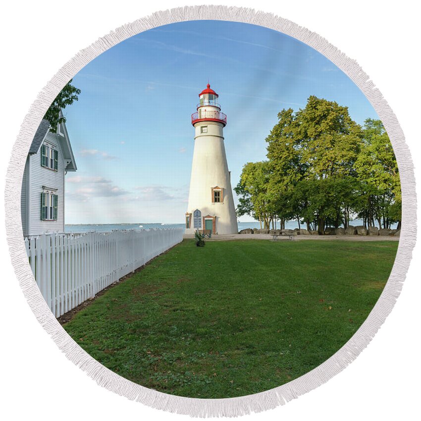 Marblehead Round Beach Towel featuring the photograph Marblehead Lighthouse and White Picket Fence by Marianne Campolongo