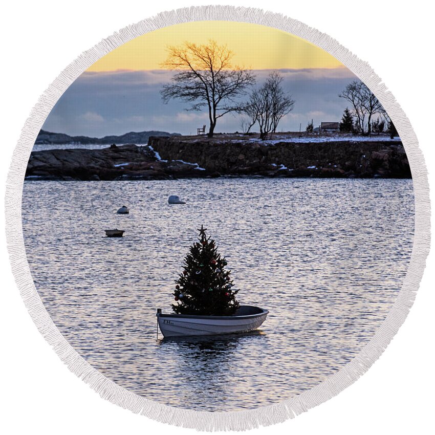 Marblehead Round Beach Towel featuring the photograph Marblehead MA Little Harbor Row Boat Christmas Tree at Sunrise Gerry Island Row Boat by Toby McGuire