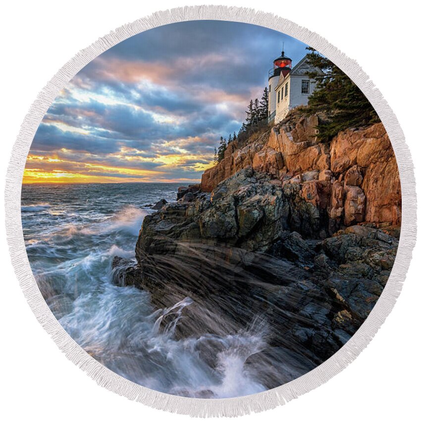 Bass Harbor Head Light Round Beach Towel featuring the photograph March Tides at Bass Harbor Head Light by Kristen Wilkinson