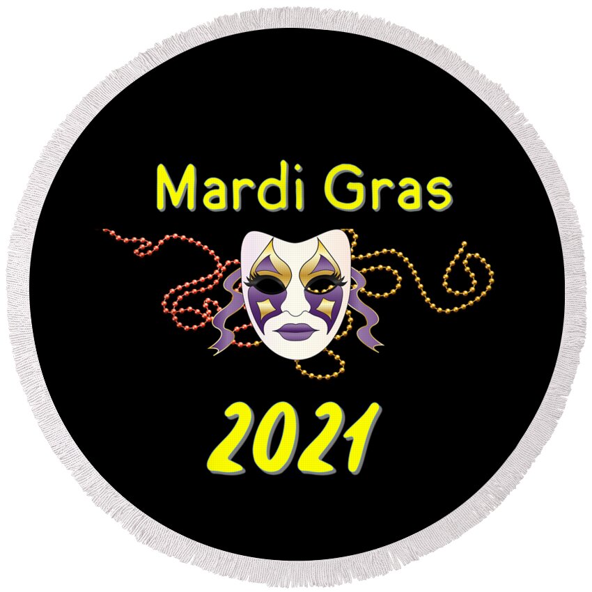 Mardi Gras Round Beach Towel featuring the digital art Mardi Gras 2021 with Yellow Lettering by Ali Baucom