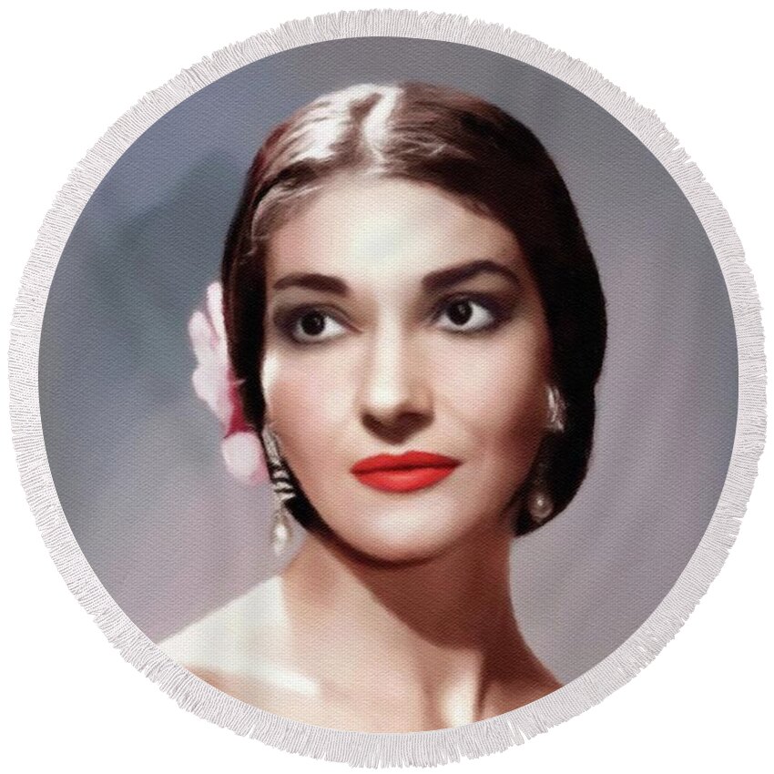Maria Round Beach Towel featuring the painting Maria Callas, Music Legend by Esoterica Art Agency