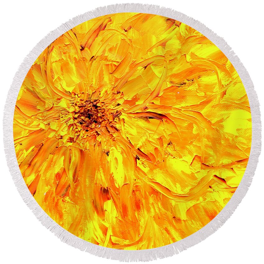 Yellow Round Beach Towel featuring the painting Marigold Inspiration 3 by Teresa Moerer