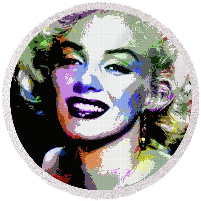 Marilyn Monroe Round Beach Towel featuring the digital art Marilyn Monroe psychedelic portrait by Movie World Posters