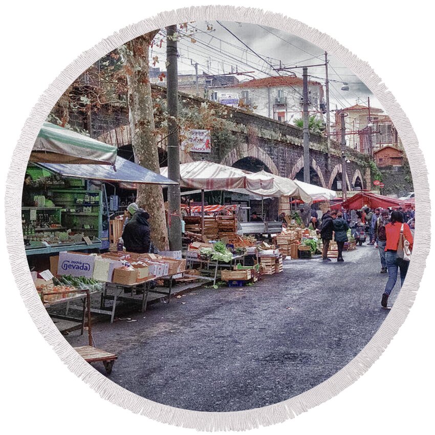 Catania Round Beach Towel featuring the photograph Market Day in Catania by Monroe Payne