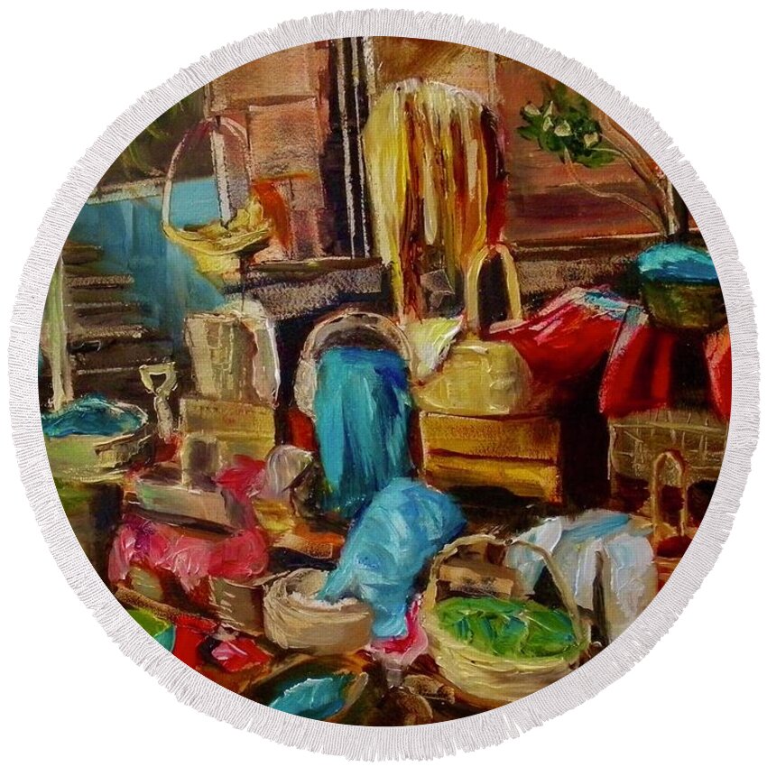 Morocco Round Beach Towel featuring the painting Market by Lee Stockwell