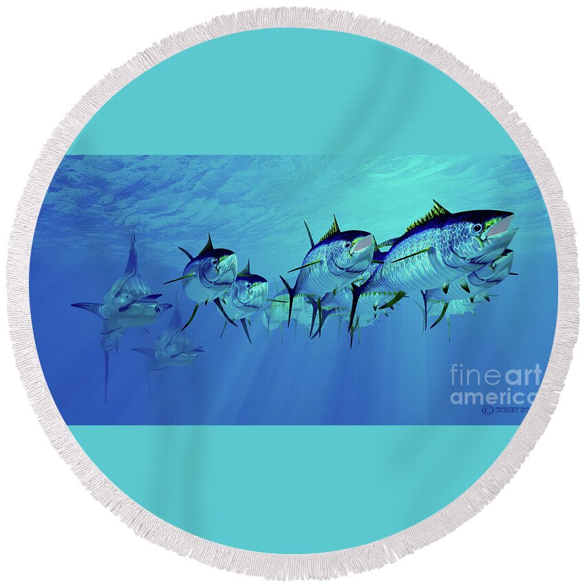 Yellowfin Tuna Round Beach Towel featuring the digital art Marlin after Yellowfin Tuna School by Corey Ford
