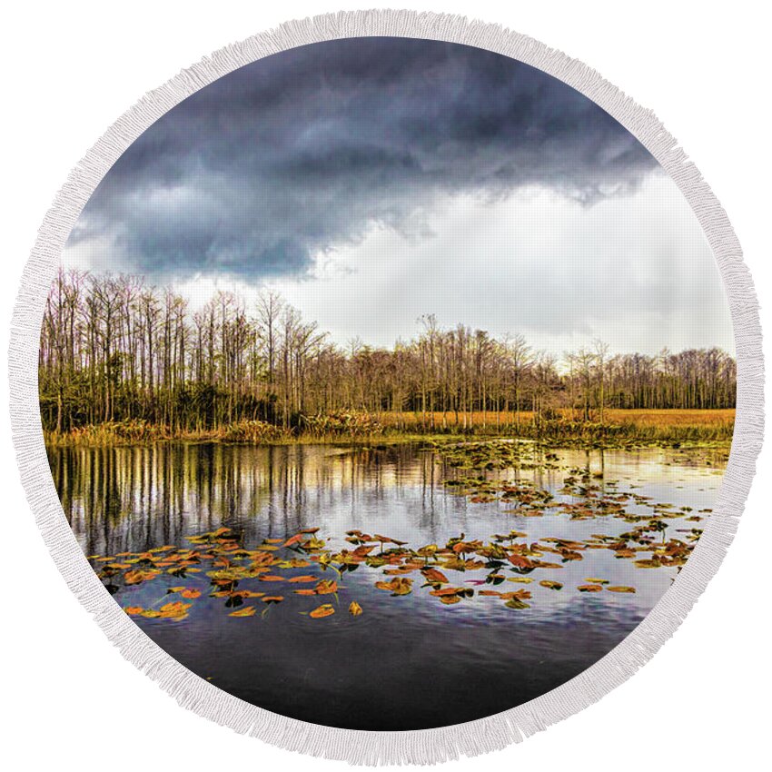 Marsh Round Beach Towel featuring the photograph Marsh Under Autumn Thunderclouds by Debra and Dave Vanderlaan