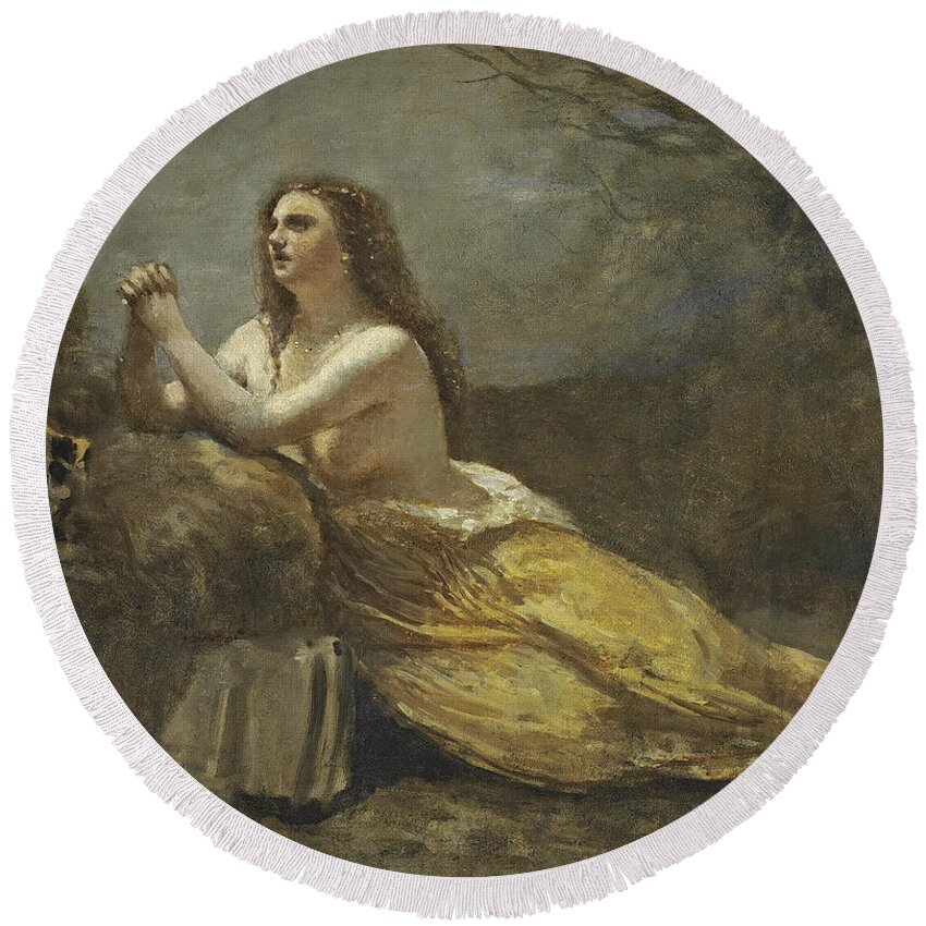 Jean-baptiste-camille Corot Round Beach Towel featuring the painting Mary Magdalene in Prayer by Jean-Baptiste-Camille Corot