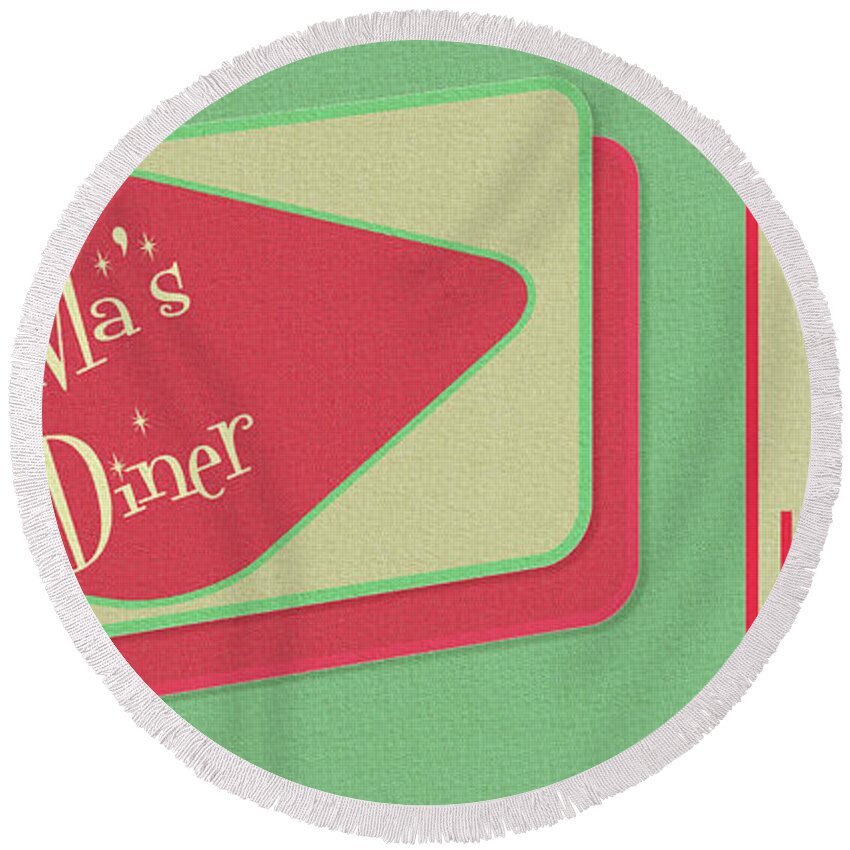 Retro Round Beach Towel featuring the digital art Ma's Diner 1950s design by David Smith