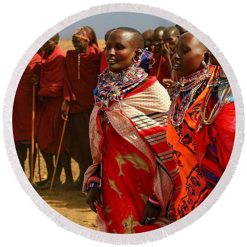 Brilliant Red Round Beach Towel featuring the photograph Masai Women by Gene Taylor