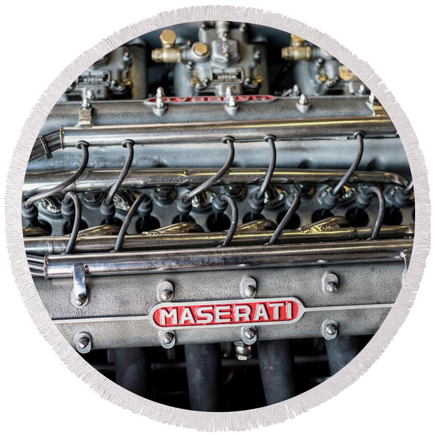 1950's Round Beach Towel featuring the photograph Maserati 6 cylinder engine by Tony Camacho