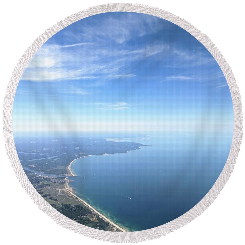 Aerial Photography Round Beach Towel featuring the photograph Mass Coast Skies by Annalisa Rivera-Franz