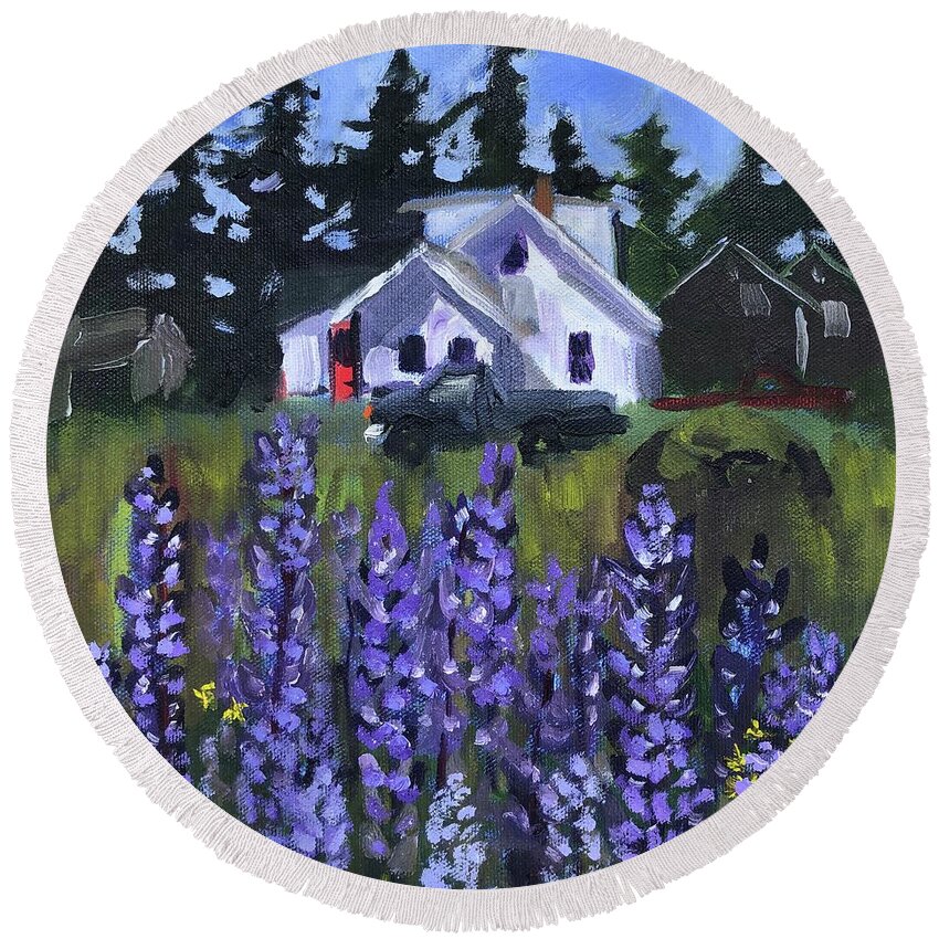 Maine Round Beach Towel featuring the painting Matinicus House with Lupine by Cyndie Katz