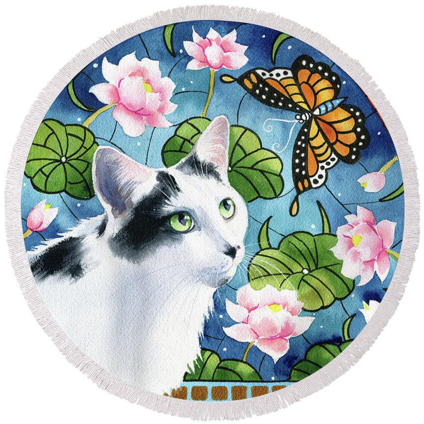 Tuxedo Cats Round Beach Towel featuring the painting Maximillion With Waterlilies Tuxedo Cat Painting by Dora Hathazi Mendes