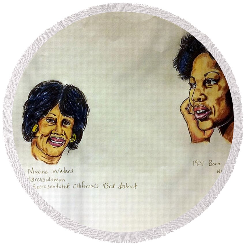  Joedee Round Beach Towel featuring the drawing Maxine Waters and Toni Morrison by Joedee