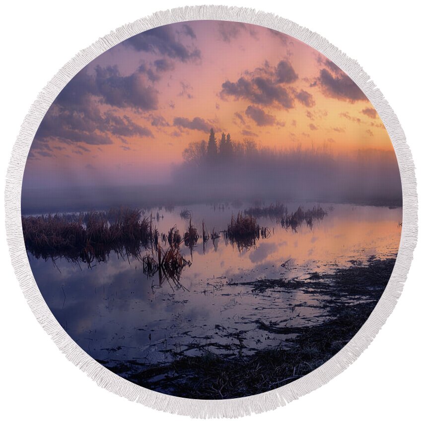Landscape Round Beach Towel featuring the photograph May Morning at the Pond by Dan Jurak