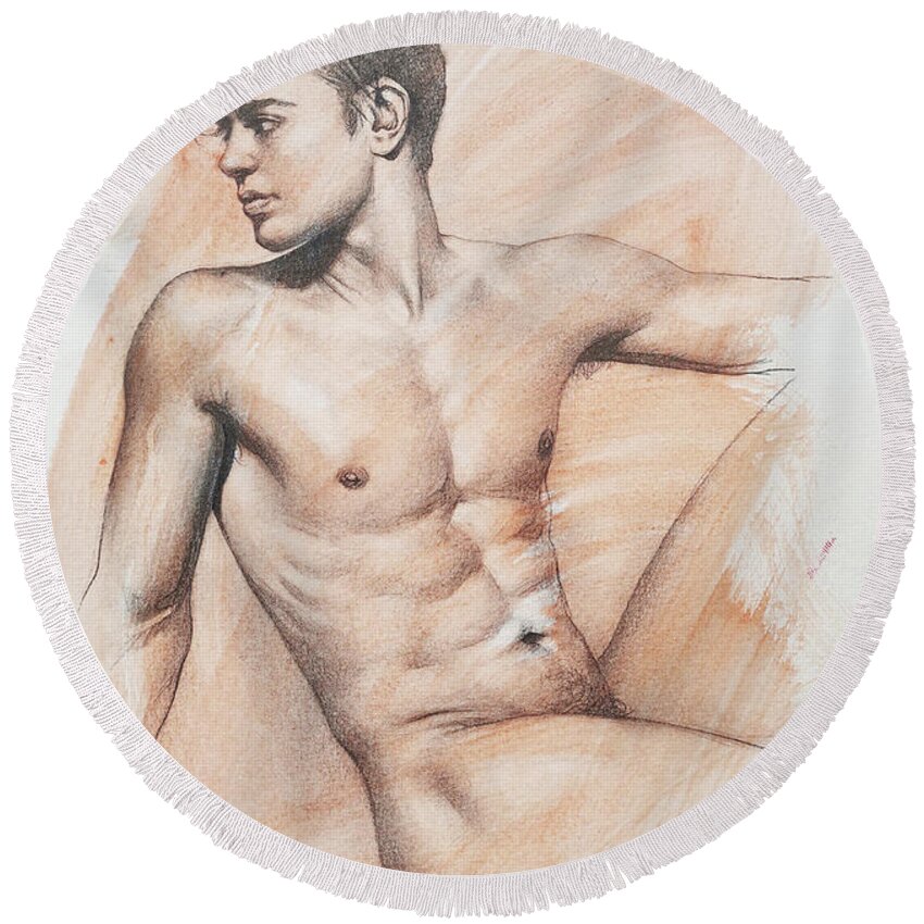 Male Nude Round Beach Towel featuring the drawing Maybe by Hongtao Huang