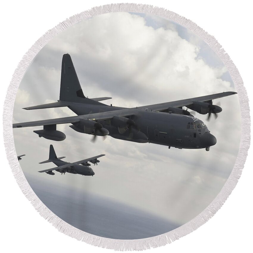 Kadena Afb Round Beach Towel featuring the photograph MC-130J Five Ship Formation by Stoneworks Imagery