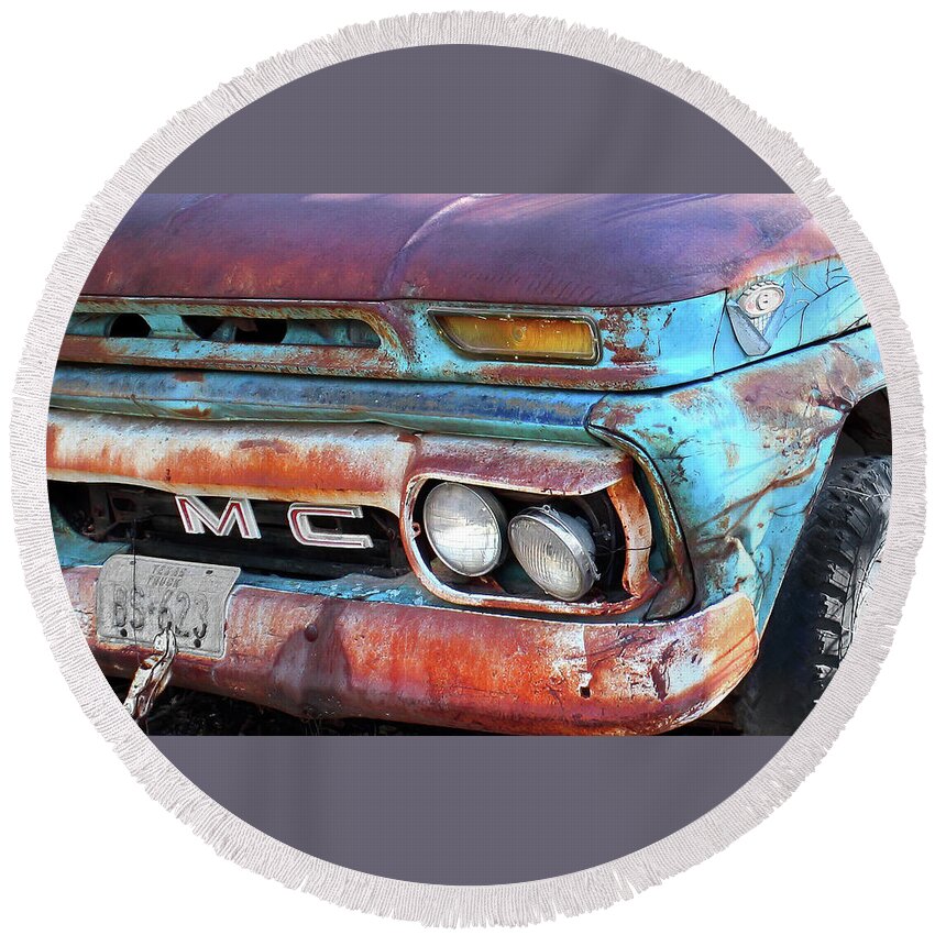 Rusted Truck Round Beach Towel featuring the photograph M C by Brian Jay