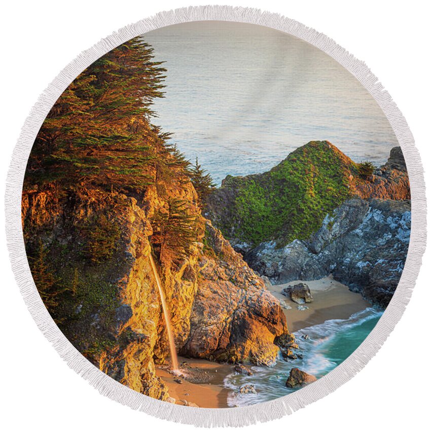 America Round Beach Towel featuring the photograph McWay Falls Sunset by Inge Johnsson