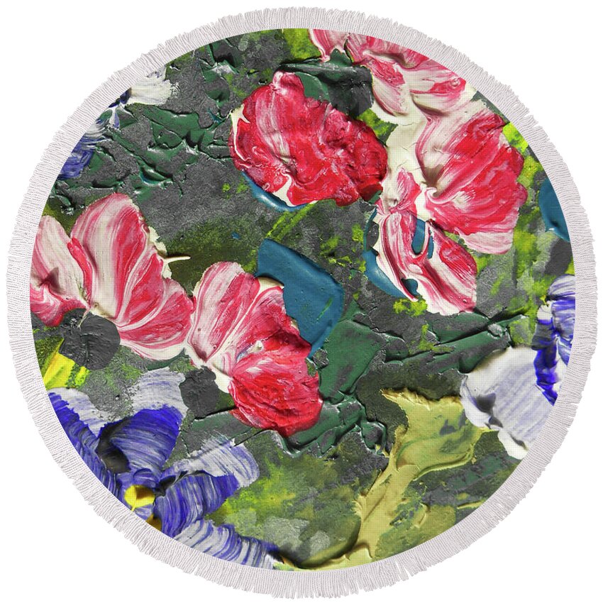 Abstract Flowers Round Beach Towel featuring the painting Meadow With Pink Purple And Yellow Flowers Contemporary Decorative Art I by Irina Sztukowski