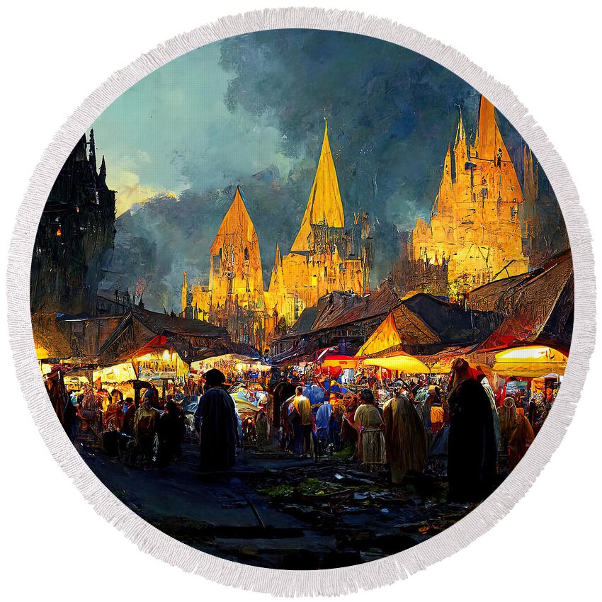 Medieval Round Beach Towel featuring the painting Medieval Fantasy Town, 07 by AM FineArtPrints