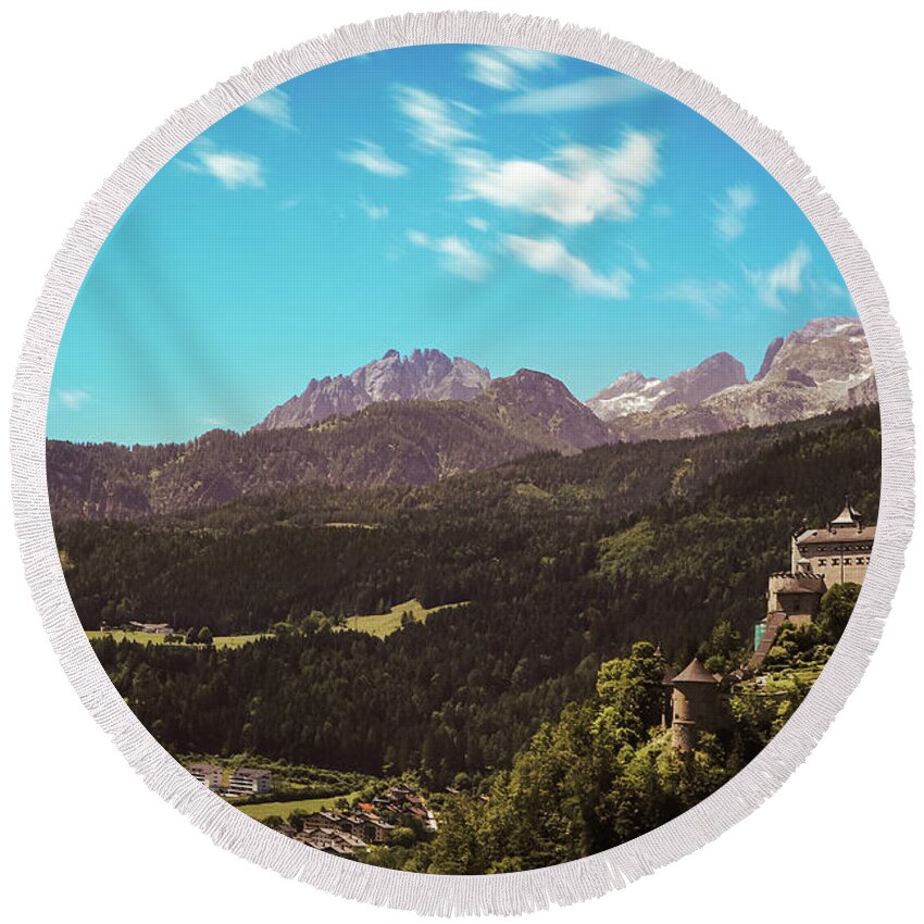 Reconstruction Round Beach Towel featuring the photograph Medieval Hohenwerfen Castle by Vaclav Sonnek
