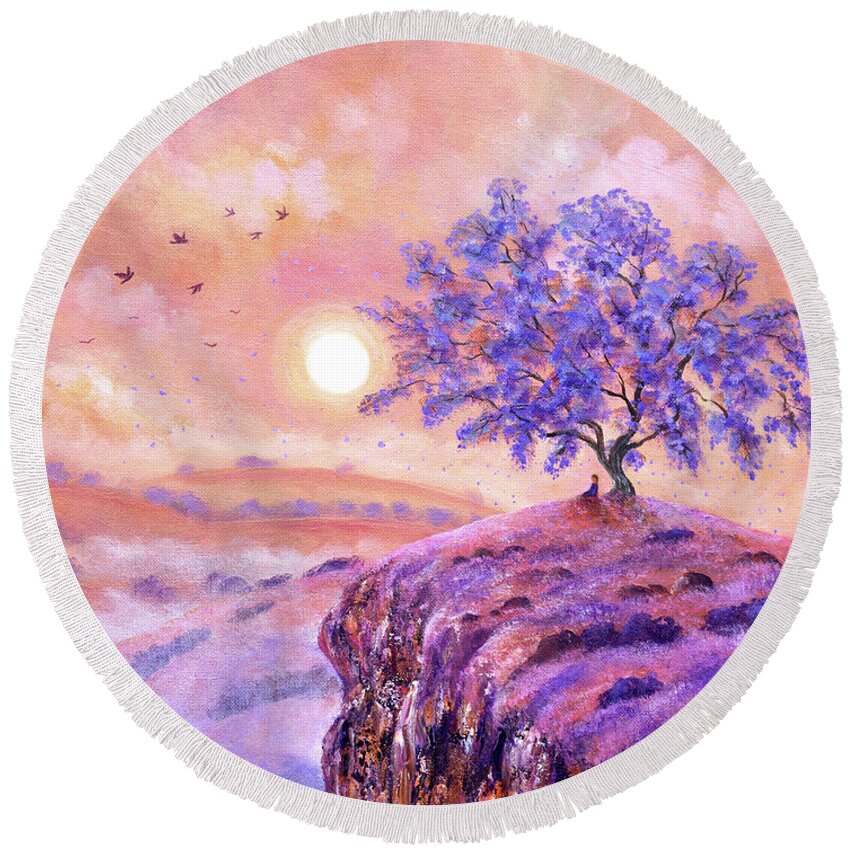 Moon Round Beach Towel featuring the painting Meditating Under a Jacaranda Tree by Laura Iverson