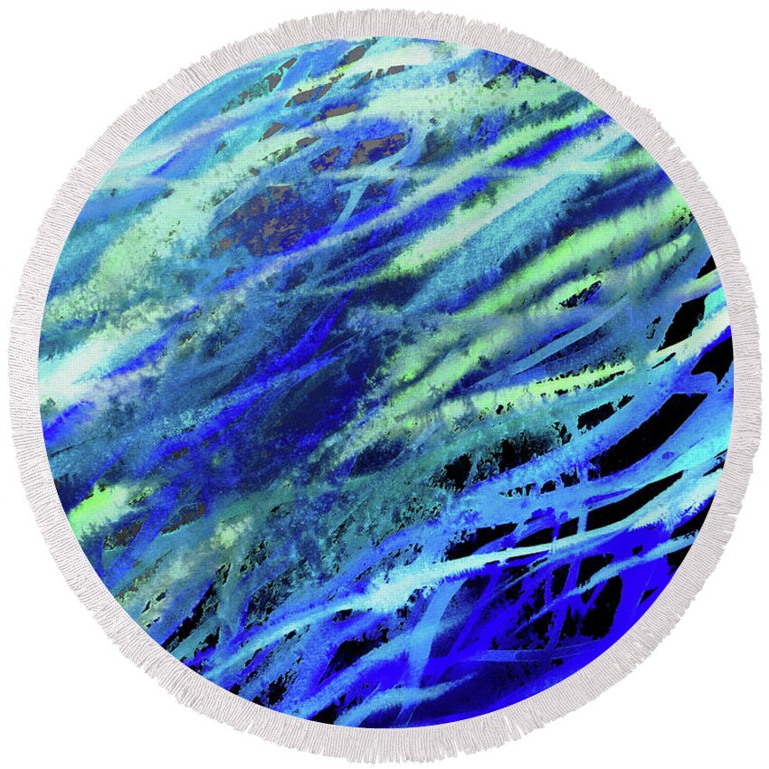 Blue Round Beach Towel featuring the painting Meditative Flow Of The River Abstract Lines I by Irina Sztukowski