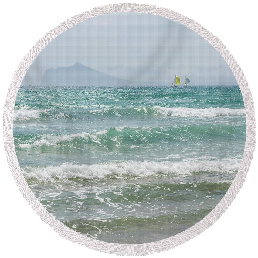 Mediterranean Sea Round Beach Towel featuring the photograph Mediterranean Sea with waves and sailboats by Adriana Mueller
