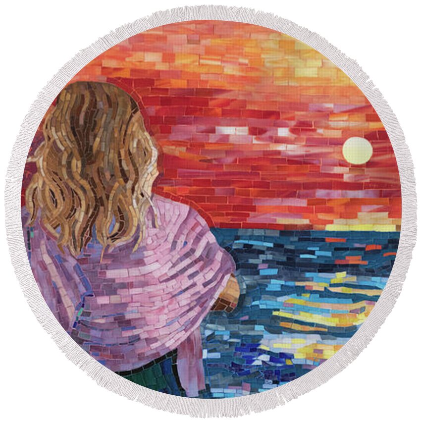 Mosaic Round Beach Towel featuring the mixed media Mediterranean Sunset by Adriana Zoon