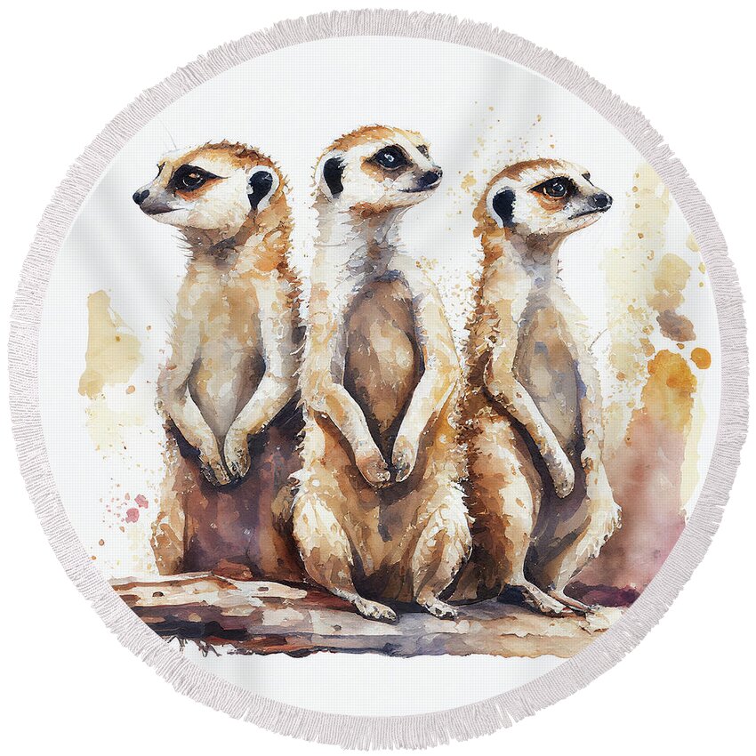 Meerkats Round Beach Towel featuring the digital art Meerkats Brothers and Sisters Looking in Different Directions by Laura's Creations