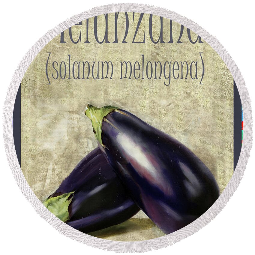 Salanum Melongena Round Beach Towel featuring the painting Melanzana Solanum melongena by Guido Borelli