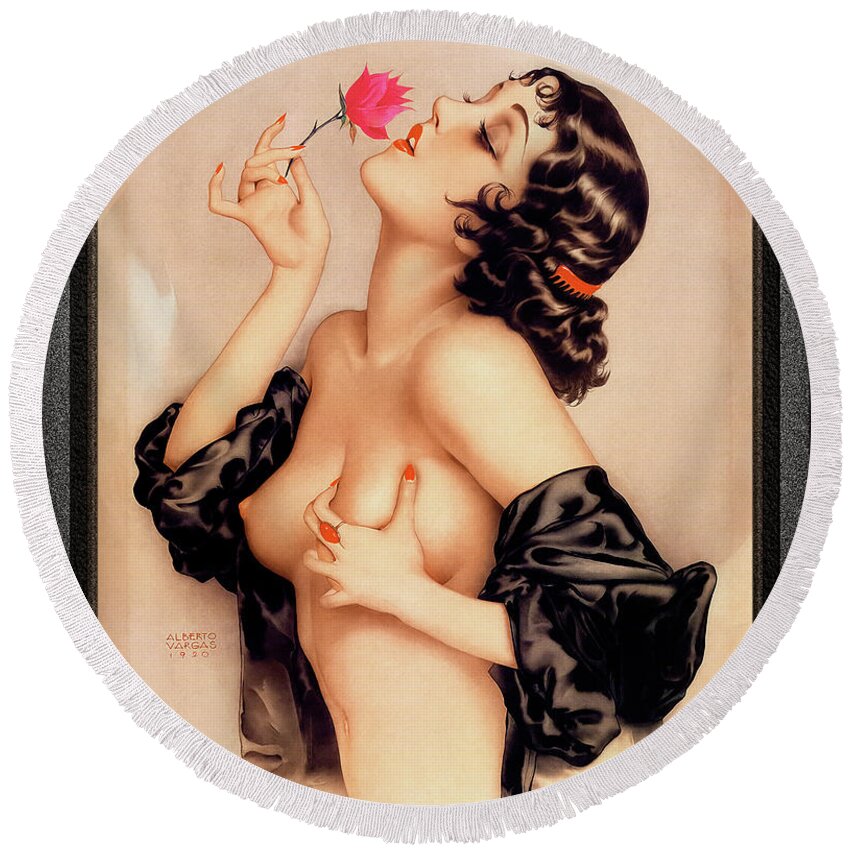 Memories Of Olive Round Beach Towel featuring the painting Memories of Olive by Alberto Vargas Vintage Pin-Up Girl Art by Rolando Burbon