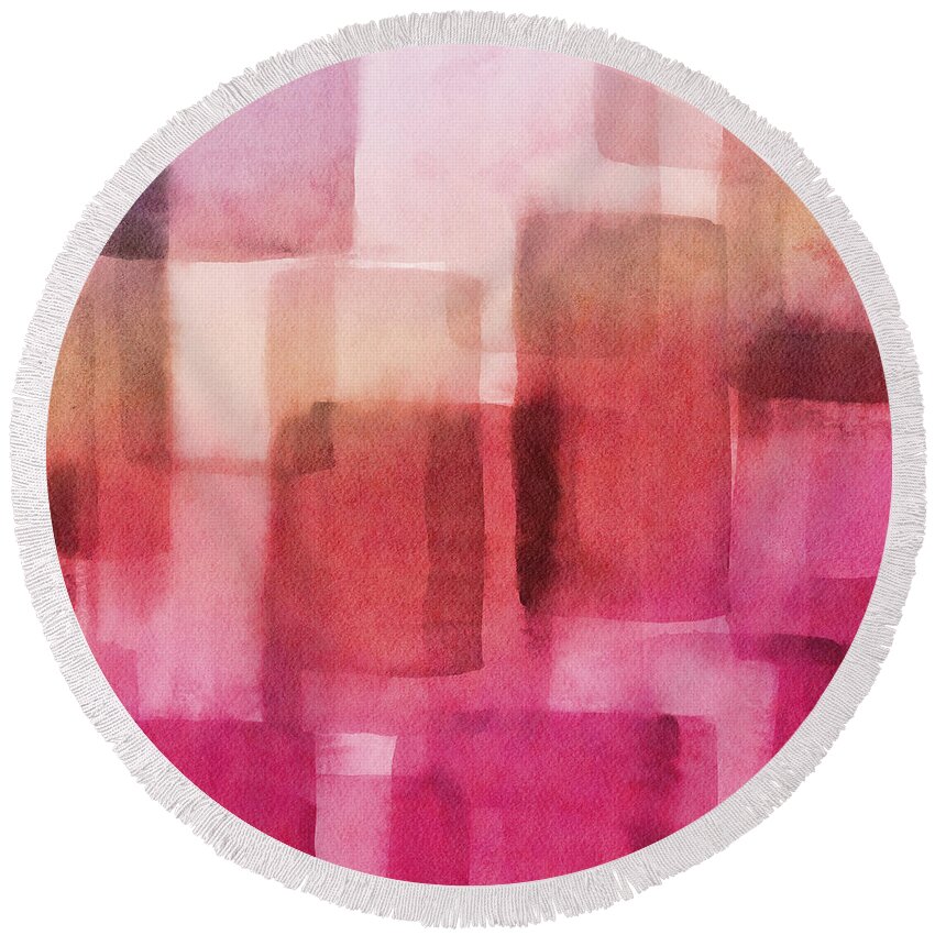 Abstract Round Beach Towel featuring the mixed media Memory Lane Pink- Art by Linda Woods by Linda Woods