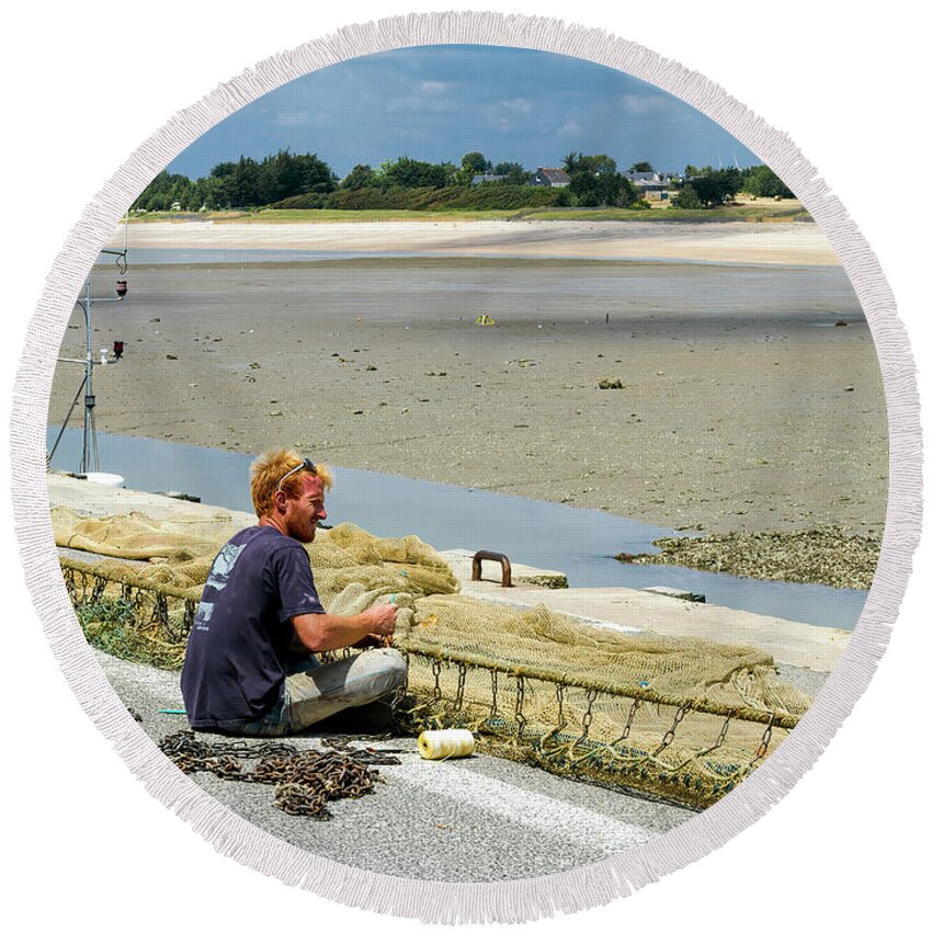 Fishing Round Beach Towel featuring the photograph Mending the Nets, Billiers, France by Elaine Teague