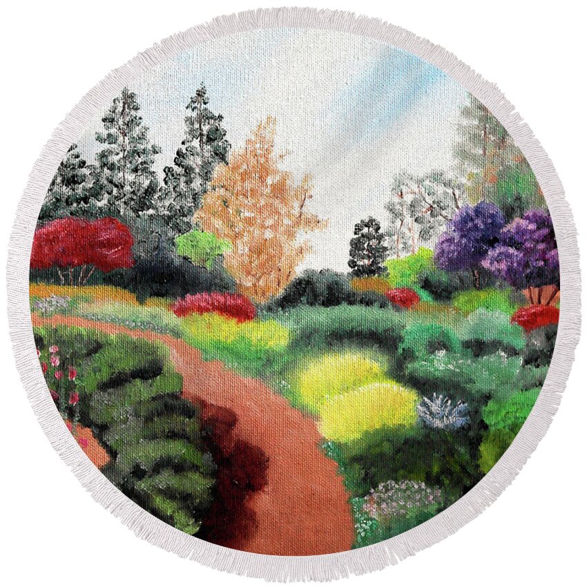 Mendocino Round Beach Towel featuring the painting Mendocino Botanical Gardens by Laura Iverson