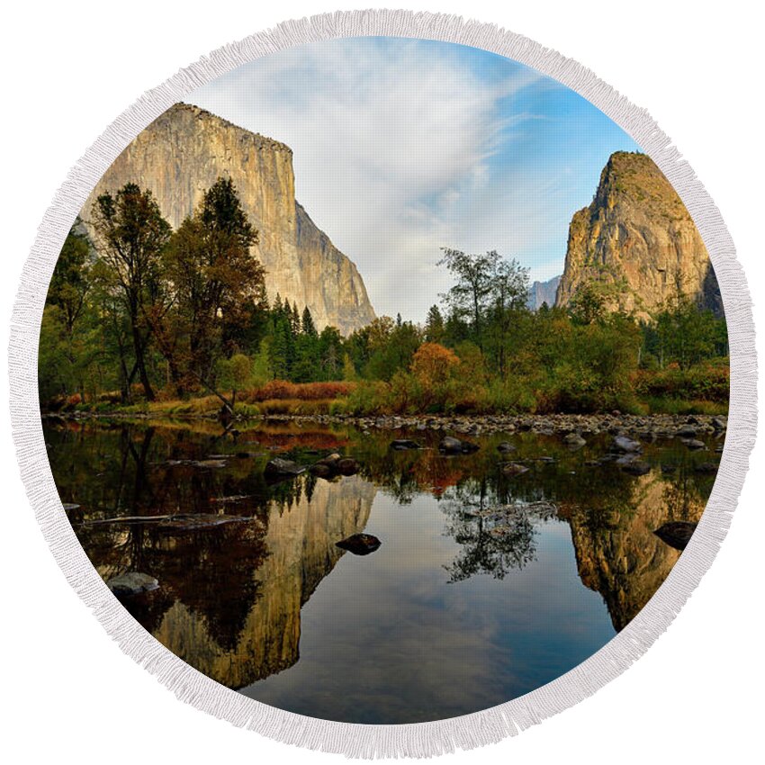 El Capitan Round Beach Towel featuring the photograph Merced River and El Capitan by Amazing Action Photo Video