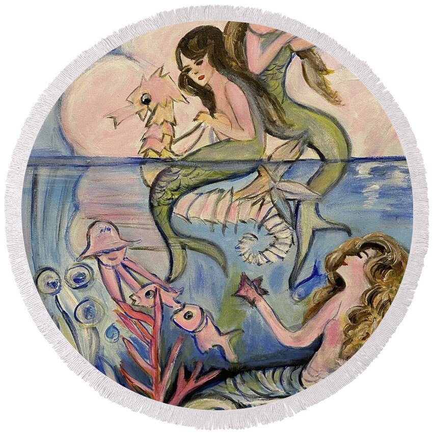 Mermaids Round Beach Towel featuring the painting Mermaids by Denice Palanuk Wilson