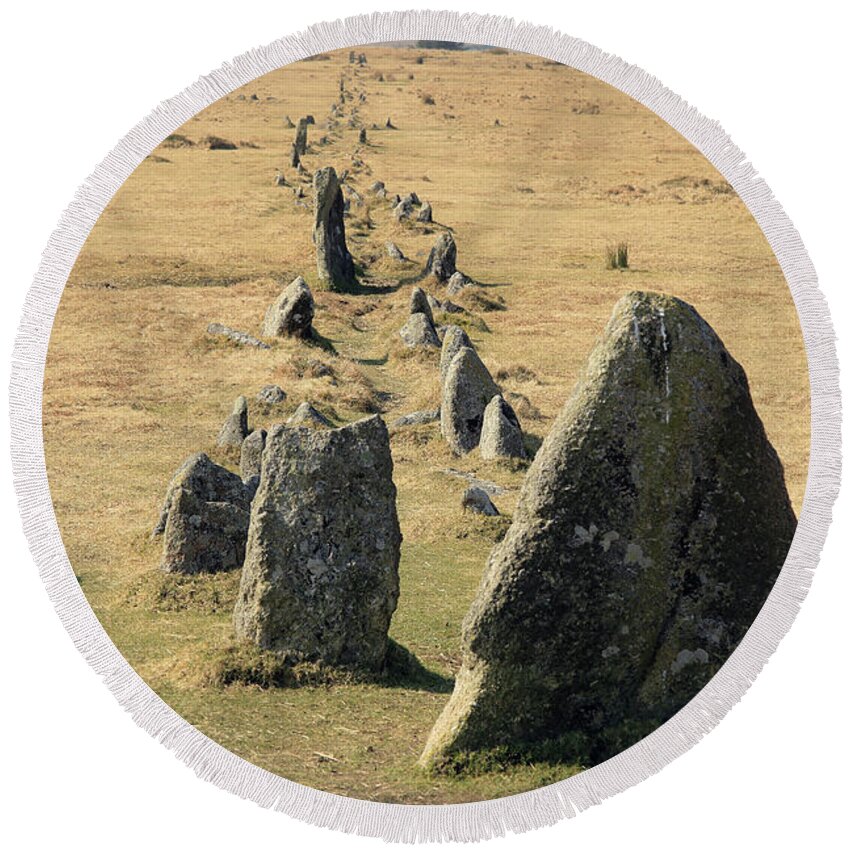 Merrivale Round Beach Towel featuring the photograph Merrivale ancient stone row, Devon by Tony Mills