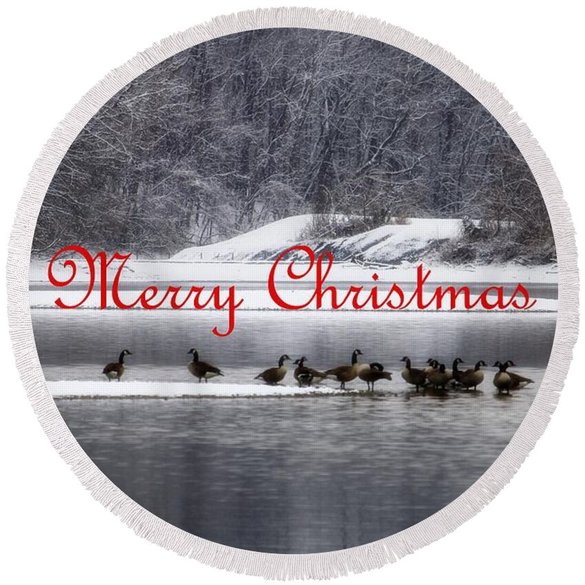 Christmas Round Beach Towel featuring the photograph Merry Christmas Canadian Geese by Mary Walchuck