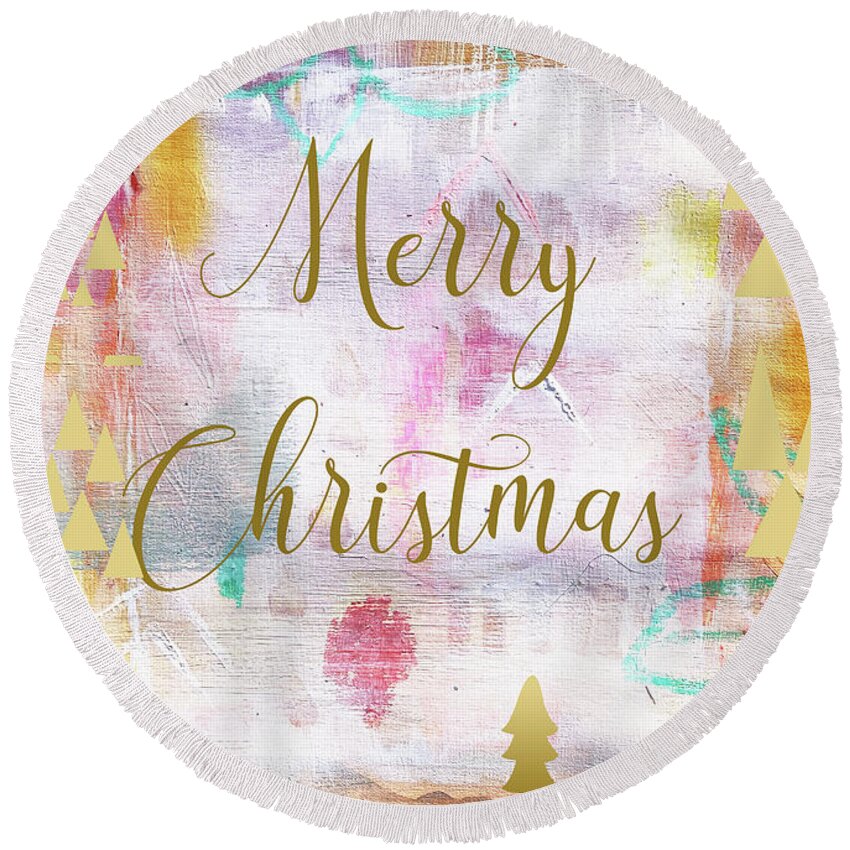 Merry Christmas Round Beach Towel featuring the mixed media Merry Christmas by Claudia Schoen