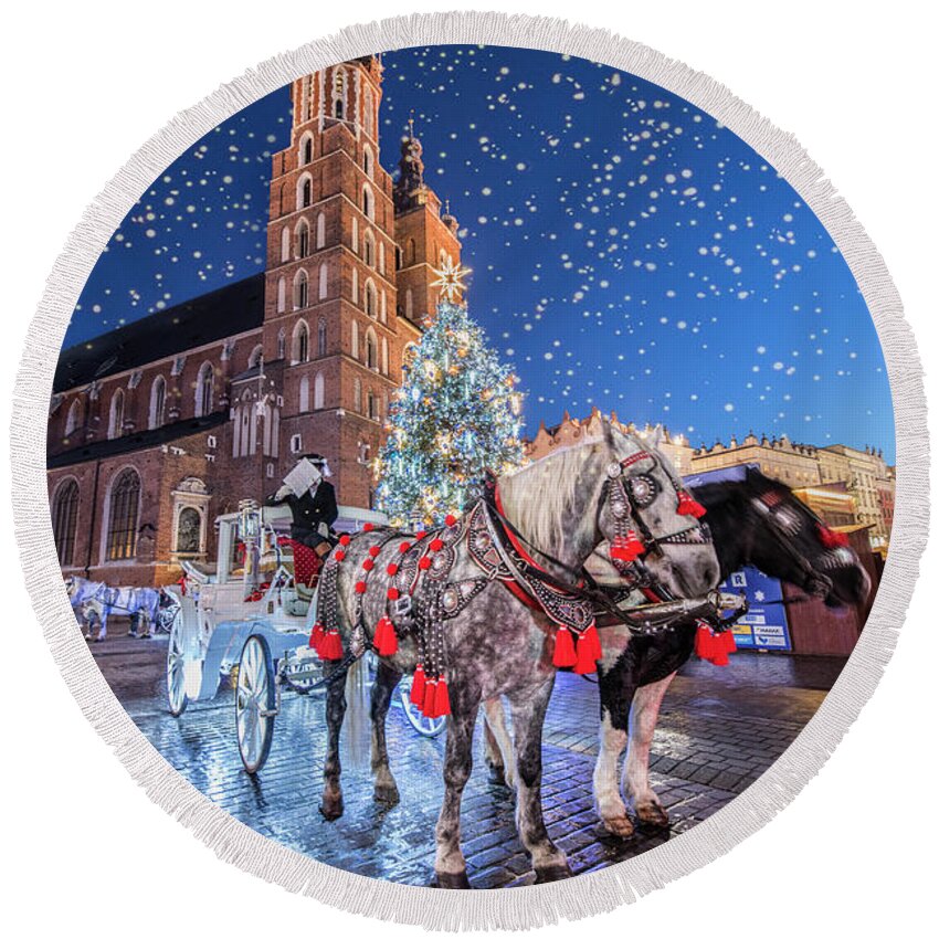Architecture Round Beach Towel featuring the photograph Merry Christmas from Krakow, 2019 by Juli Scalzi