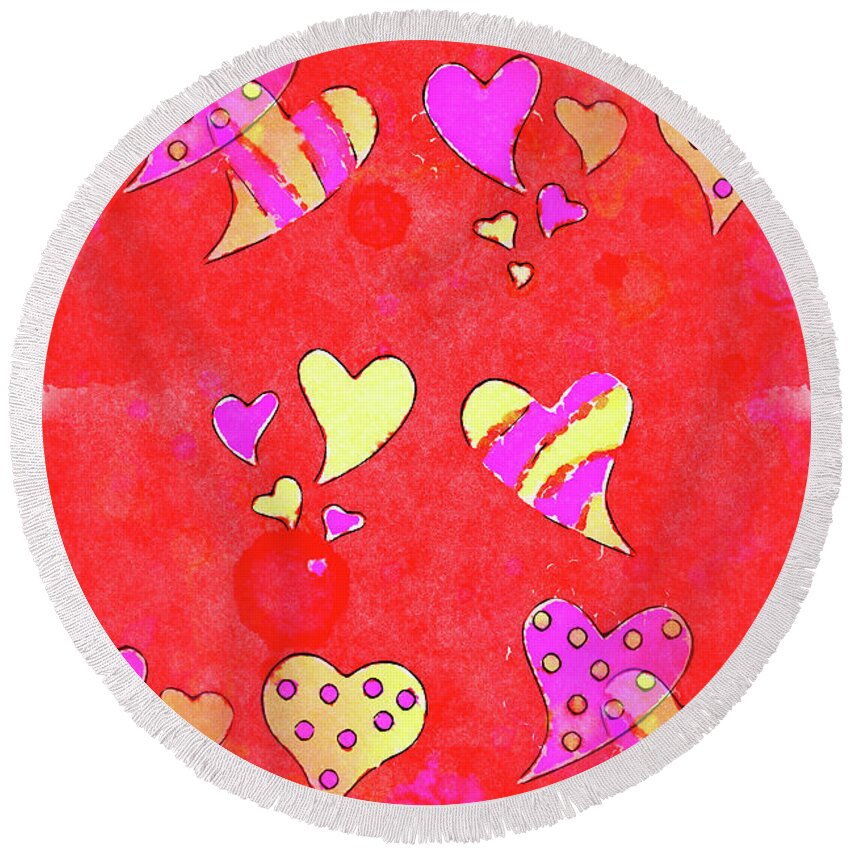Love Round Beach Towel featuring the mixed media Messy Watercolor Hearts  by Shelli Fitzpatrick