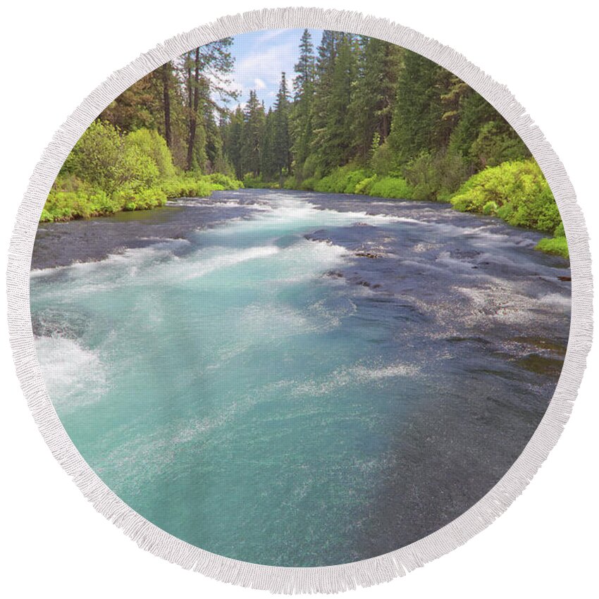 Whitewater Round Beach Towel featuring the photograph Metolius River by Loyd Towe Photography