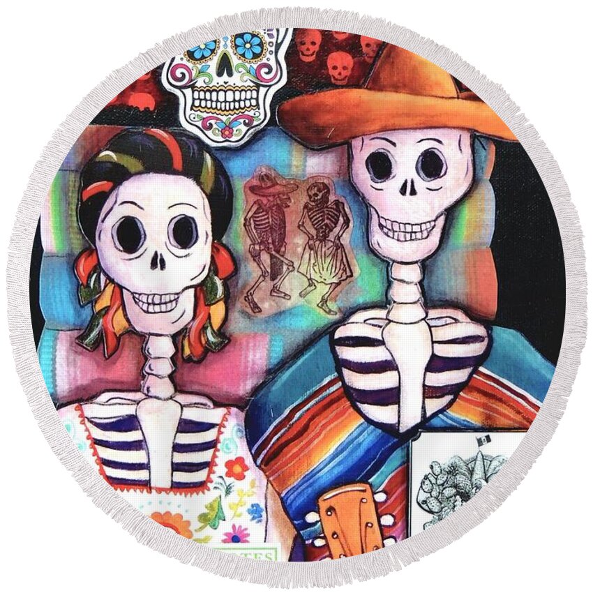 Dia De Los Muertos Round Beach Towel featuring the mixed media Mexican Gothic Collage by Candy Mayer