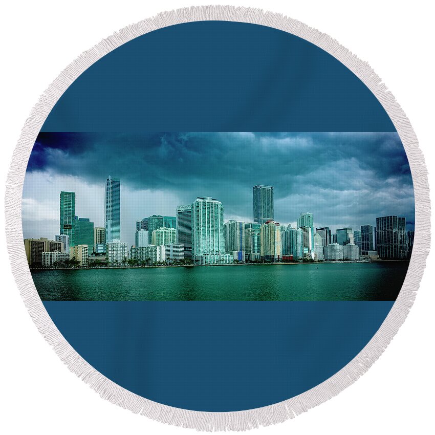 Biscayne Bay Round Beach Towel featuring the digital art Miami Skyline from Biscayne Bay by SnapHappy Photos
