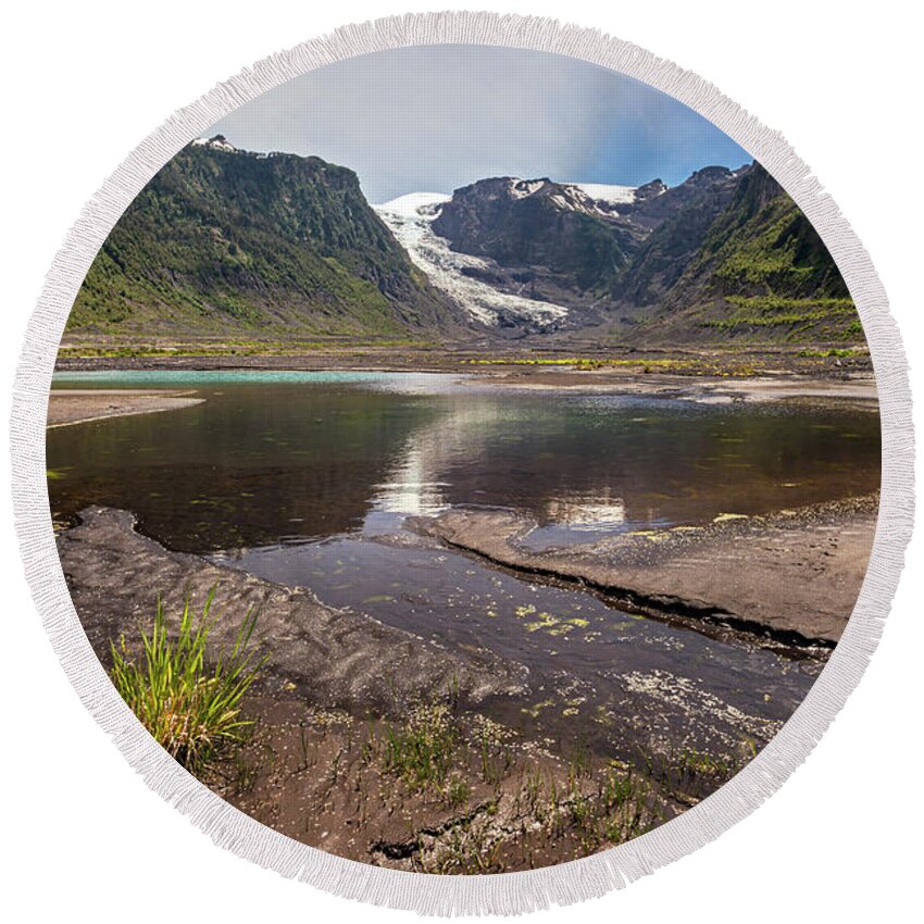 Chile Round Beach Towel featuring the photograph Michinmahuida glacier with pond reflexion by Henri Leduc
